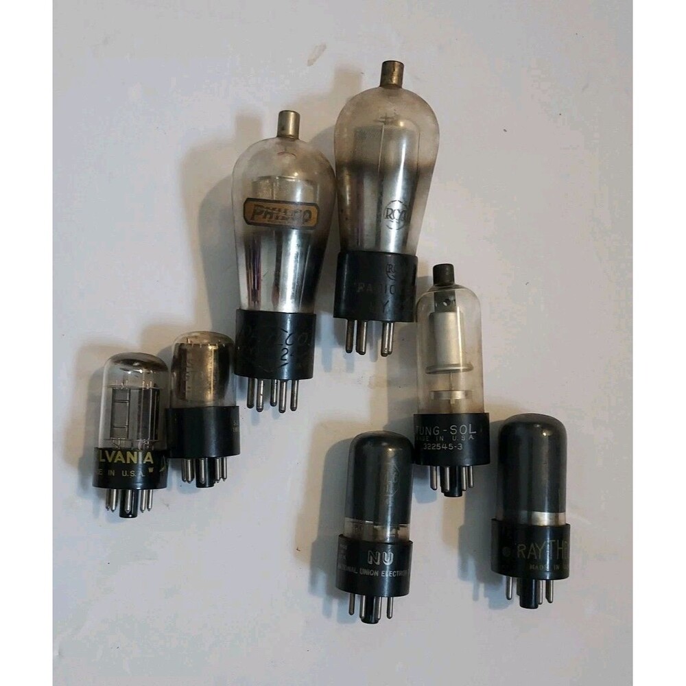 Lot of 7 Vintage Vacuum Tubes GE, Sylvania, Tung-Sol, Raytheon, NU, Philco